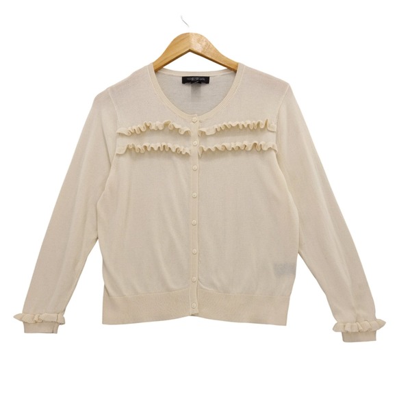August Silk Cream Ruffle Front Button Down Cardigan Sweater Womens Medium - Picture 1 of 7